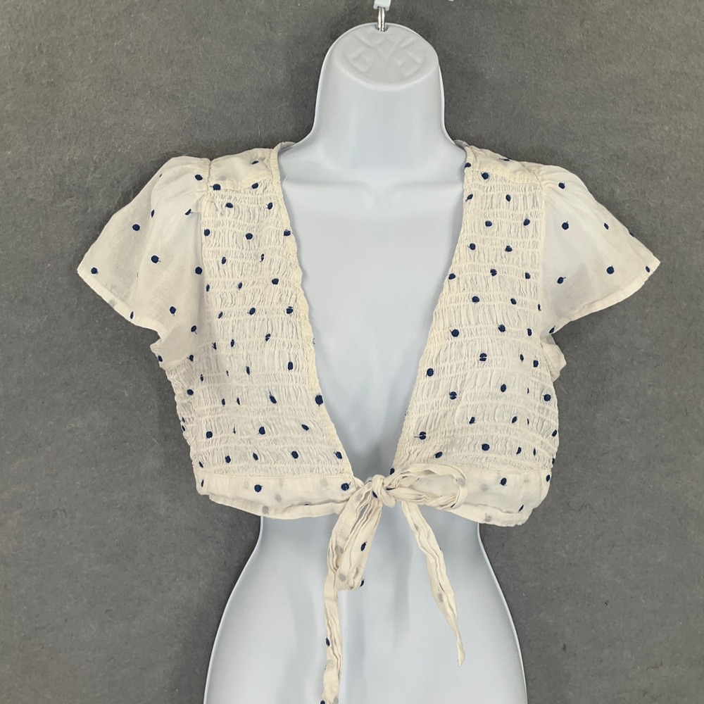 American Eagle White Blue Polka Dot Smocked Cropped Top Sz M Festival Boho